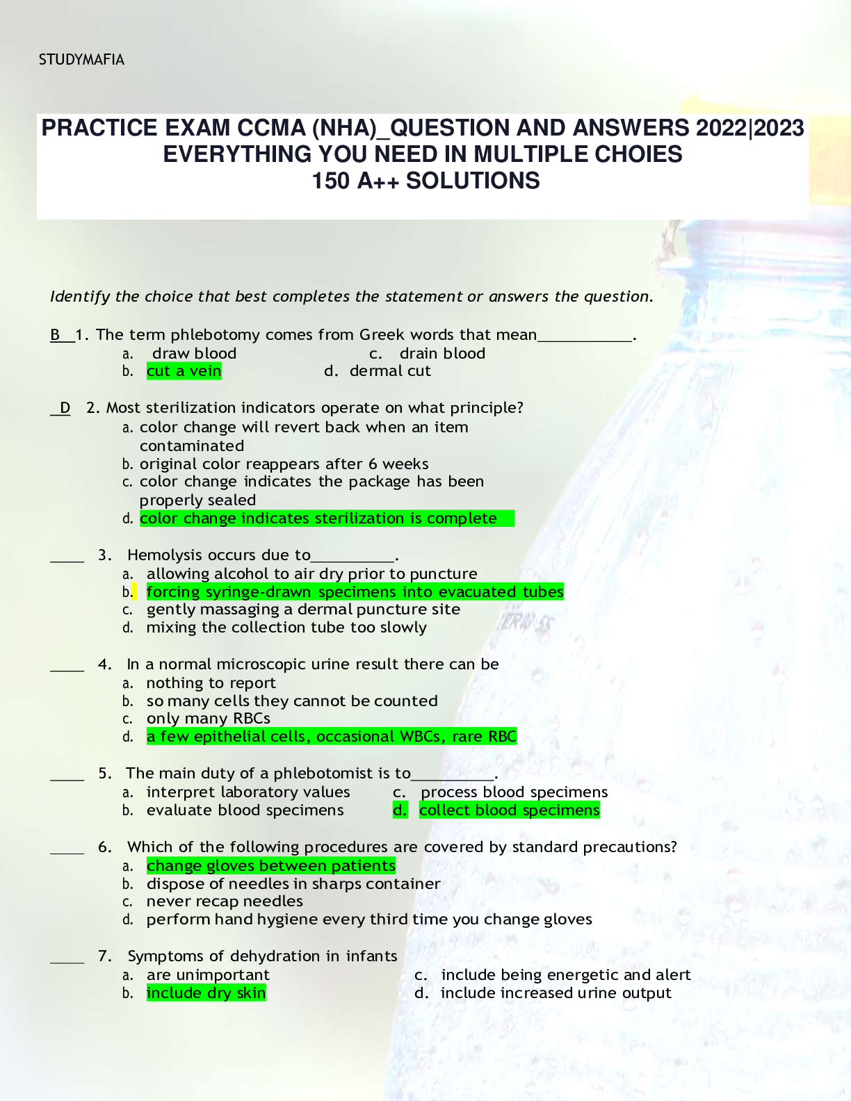 Preview image for PRACTICE EXAM CCMA (NHA)_QUESTION AND ANSWERS 2022|2023 EVERYTHING YOU NEED IN MULTIPLE CHOIES 150 A++ SOLUTIONS